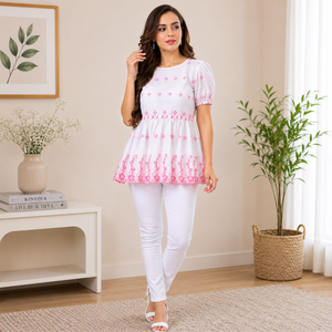 Blusa Premium para Mujer, Personalizada con Bordado Floral, de Algodón, con Peplum, Manga Corta, Casual, Holgada, para Verano, Venta al Por Mayor, OEM, ODM - Product Image 5