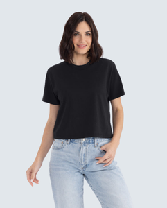 Camiseta Corta Negra para Mujer, Cuello Redondo, Corte Holgado, Manga Corta, Informal, de Algodón - Product Image 1