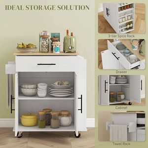 Carrello da Cucina Bianco con Prese Elettriche a Isola Girevole, Cassetti e Ante, Stoccaggio Versatile, Design Moderno, Portatile, in Legno - Product Image 4