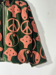 Handmade Green Velvet Mushroom & Peace <b>Sign</b> Embroidered Jacket – Boho Yin Yang Festival Coat | Unisex Hippie Outerwear - Product Image 5