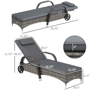 2 Gray Outdoor <b>Zero</b> <b>Gravity</b> Chaise Lounge <b>Chairs</b> with Cushion Headrest Armrests and Rolling Wheels - Product Image 3
