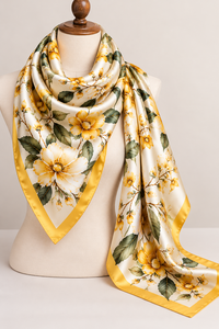 Pañuelo de Seda con Estampado Floral para Mujer, Elegante Chal Largo con Fondo Crema, Borde Amarillo y Hojas Verdes - Product Image 2