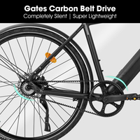 Vélo électrique LAMASSU FXED pour adultes, moteur 250W, batterie 36V 15Ah, 20 MPH, autonomie de 53 miles, transmission par courroie Gates, noir et argent