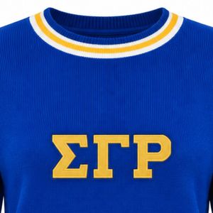 Royal Blue Greek Letter Crewneck Sweater with Gold Chest Graphic <b>White</b> Gold Striped Collar Cuffs Long Sleeve <b>Knit</b> Pullover Style - Product Image 6