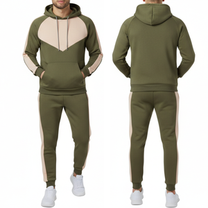 Chándal personalizado con logo para hombre, verde oliva y beige, con diseño de bloques de color en forma de V, sudadera con capucha raglán de dos piezas, ropa deportiva OEM - Product Image 4