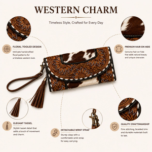 Cartera de mano de cuero genuino con pelo de vaca estilo western, con grabado floral, hecha a mano, tipo pulsera, estilo vintage vaquero, bolso organizador de lujo - Product Image 5