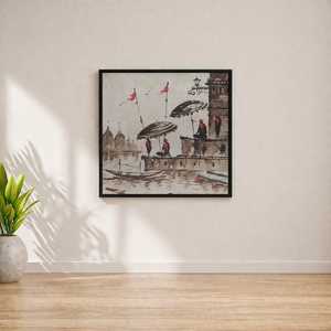 Peinture sur toile acrylique peinte à la main ARTHUB SHILPA RANDER Banaras Ghat, paysage classique, œuvre d'art d'intérieur, rouge - Product Image 3