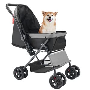 Poussette pliable pour chien à 4 roues avec fenêtres en maille et poignée réversible, capacité de charge de 44 lb - Product Image 6