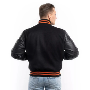 Men's Black Solid Color With Orange Trim Leather Sleeves Button Closure Casual Wear Regular <b>Fit</b> Turn-down Collar Varsity <b>Jacket</b> - Product Image 4