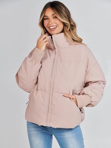 Pink Quilted <b>Jacket</b> Women Stand Collar Full <b>Sleeve</b> Zipper Closure Thick Solid Color Autumn Casual <b>Short</b> Coat - Product Image 2