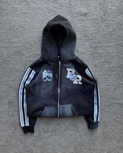 Sweat à capuche zippé personnalisé pour homme, style vintage délavé à l'acide et effet soleil, en molleton bouclette épais avec bande latérale, coupe carrée et courte - Product Image 1