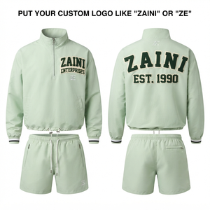 ชุดเซ็ตเสื้อแจ็คเก็ตกันลมผู้ชาย ผ้าโพลีเอสเตอร์ 100% หนัก 120 GSM ผ้าเมมโมรี่ สีเขียวมิ้นท์ ปักโลโก้ด้วยไหมเชนีลแบบกำหนดเอง รับผลิตแบบ OEM ODM - Product Image 1