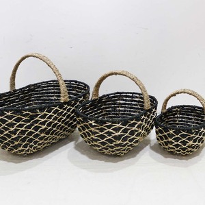 Panier de rangement en jonc de mer noir, panier de pique-nique tissé, panier décoratif fait main - Product Image 2