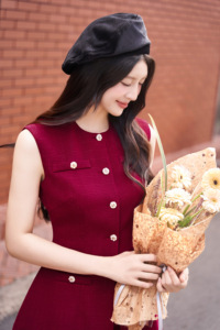 Women's Two Piece Outfit Feminine <b>Red</b> Vest <b>Top</b> and Pleated Skort Set Gold Button Peplum <b>Top</b> Polyester/Spandex SAHRA - Product Image 4