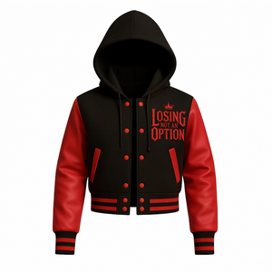 แจ็กเก็ตสไตล์ใหม่สำหรับผู้หญิง "แพ้ไม่ใช่ตัวเลือก" ตัวครอปตัวแทนมหาวิทยาลัย-เครื่องบินทิ้งระเบิดมีฮู้ดสีแดง & สีดำสำหรับสตรีทแวร์ & แรงจูงใจ - Product Image 1