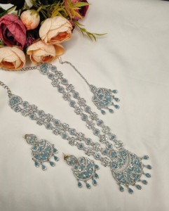 Elegant Rhodium Plated Cubic Zirconia <b>Jewellery</b> <b>Set</b> Multi Layer Long Necklace Matching Earrings Mangtika Partywear <b>Set</b> Wholesale - Product Image 4