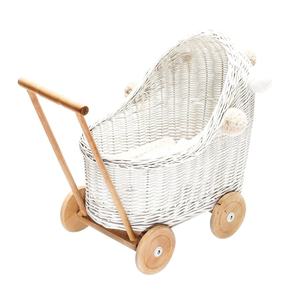 Artisanal Natural Wicker Baby Carriage Rattan Toy Pram Wooden Wheels Sensory Pretend Play Nursery Interior Decoration - Product Image 1