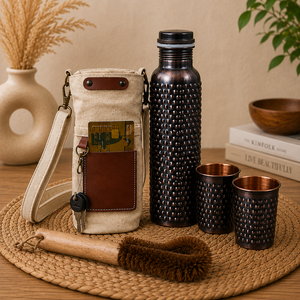 Bouteille en cuivre texturé noir oxydé Royal avec sac en toile – Vaisselle pour la maison, les voyages et les fêtes - Product Image 1