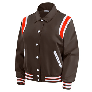 Women Varsity Jacket Brown Orange <b>White</b> Contrast Trim Full Sleeve Turn-down Collar Single Breasted Woven Polyester Autumn Wear - Product Image 1