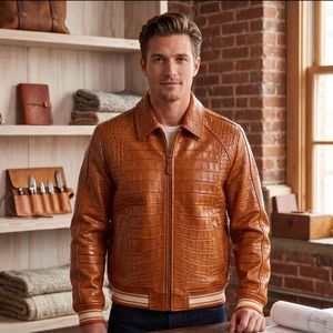 2026 <b>Men's</b> Genuine Leather Embossed for Plated <b>Croc</b> Windproof High Street Jacket Customizable Stand Breathable Zipper Waterproof - Product Image 1