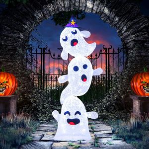 Decorazione di Halloween a forma di fantasma impilato di 1,2 metri con 120 luci LED, decorazioni di Halloween illuminate. - Product Image 3
