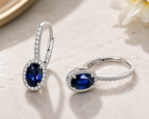 Premium 14K <b>Gold</b> and 2 Carat (Natural) Diamond Oval Blue Sapphire and Halo Drop <b>Dangle</b> <b>Earrings</b> Perfect for weddings engagement - Product Image 4