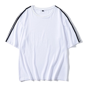 เสื้อยืดผ้าฝ้ายของผู้ชายเสื้อยืดลายทางสีพื้นไม่มีลายเปิดไหล่แบบลำลองฮิปฮอป100% - Product Image 5
