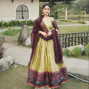Lehenga Choli traditionnel en soie avec broderie Zari et bordure contrastante Kalamkari, accompagné d'un dupatta en tulle de créateur - Product Image 1