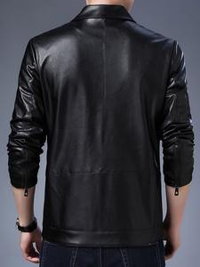 Veste en cuir noir pour homme, style décontracté chic, col chemise zippé, coupe ajustée, en véritable peau d'agneau, mode américaine - Product Image 4