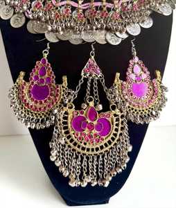Parure de bijoux vintage afghane Kuchi pour femme, collier et boucles d'oreilles bohèmes en laiton rose, faits à la main, ethniques, pour mariage, fiançailles et soirées - Product Image 4