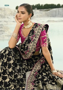 Sarees Más Populares, Elegante Saree de Seda Negra con Trabajo de Zari Dorado, Blusa Rosa Incluida, Ropa para Bodas y Fiestas - Product Image 4