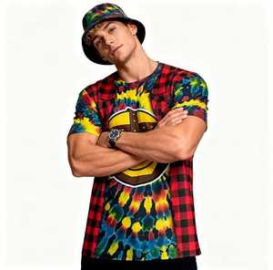 New article <b>Men's</b> Tie-Dye Plaid Short Sleeve O-Neck T-Shirt With Smiley Helmet Print Casual Wear - Product Image 2