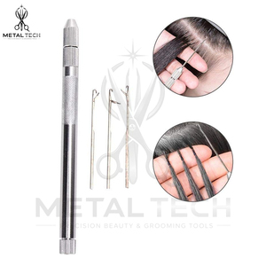 Silver Metal Hair Extension Pulling <b>Needle</b> Latch Hook Loop <b>Threader</b> Set With 3 Replaceable Tips Salon Micro Bead Installation - Product Image 2