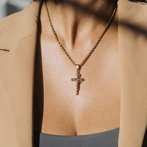 Collar con Colgante de Cruz Chapado en Oro con Jesucristo, Joyería Religiosa Cristiana, Diseño de Cadena de Cuerda Unisex - Product Image 4