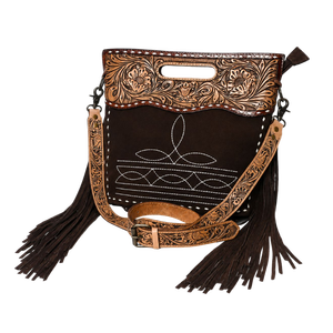 Bolso de Hombro de Cuero Estilo Western con Flecos y Grabado Floral, Bolso Bandolera de Cuero Genuino para Mujer - Product Image 1