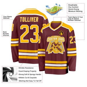Professional Maroon and Yellow Sublimated Ice Hockey Jersey 100% Polyester Cotton Durable Outdoor Sports Wear - Product Image 3