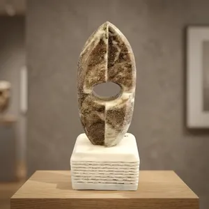 Sculpture ovale en pierre faite à la main avec motif géométrique, décoration minimaliste pour la maison, œuvre d'art sculptée - Product Image 4