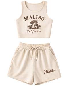 Ensemble deux pièces décontracté d'été pour femme : débardeur court côtelé beige et short, imprimé Malibu, sans manches, col rond, personnalisable - Product Image 1