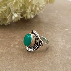 Handmade Vintage Natural Green Onyx Statement <b>Ring</b> Brass 925 Silver Plated <b>Adjustable</b> Band Boho & Hippie Style Unisex - Product Image 3