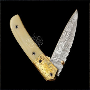 Custom Handmade Damascus Steel Pocket <b>Knife</b> <b>Handle</b> Cow <b>Bone</b> Brass Bolster With Leather Sheath Compact Folding <b>knife</b> - Product Image 2