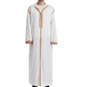 Light Blue Grey Men Islamic Thobe Long Sleeve Embroidered Neckline Arabic Kandura Dishdasha <b>Muslim</b> Jubba Traditional <b>Dress</b> - Product Image 1