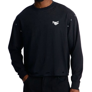 Sudadera Negra Desgastada para Hombre al por Mayor, de Algodón Grueso de 340 GSM con Borde sin Rematar y Capucha Estilo Vintage - Product Image 1