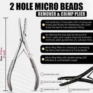 Pinza de crimpado de acero inoxidable LUMINEX IMPEX para extensiones de cabello, incluye 2 microperlas de doble orificio, herramienta de 12 clips de seccionamiento. - Product Image 2