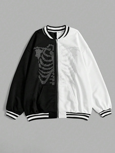 Blouson Bomber Unisexe Noir et Blanc à Blocs de Couleurs avec Imprimé Squelette Pailleté, Fermeture Éclair, Style Streetwear, Vêtement d'Automne, Cordon de Serrage en Strass - Product Image 1