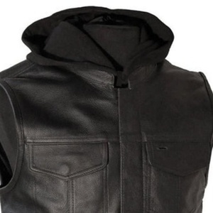 Classic Black <b>Leather</b> Hooded Vest for Men Street Style Biker <b>Sleeveless</b> <b>Jacket</b> with Dual Chest Pockets Quick Shipping - Product Image 3