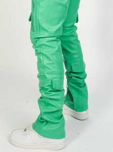 Pantalon cargo en cuir vert pour homme, taille haute, plusieurs poches, détails zippés, style workwear, pantalon de mode d'été - Product Image 6