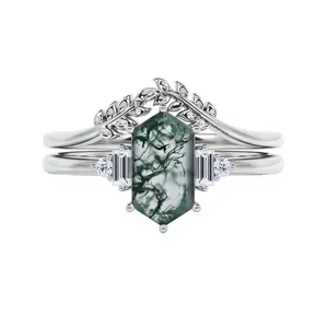 Anillo de Compromiso, Boda o Promesa de Plata de Ley 925 con Ágata Musgosa de Corte Hexagonal Clásico Vintage, con Engaste de Garras, Regalo para Mujer - Product Image 1