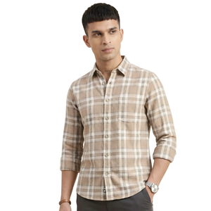 Camisa de Franela a Cuadros Beige y Blanca para Hombre, Manga Larga, con Botones, Informal, de Tela Suave Cepillada, Transpirable, para Uso en Exteriores - Product Image 1