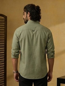 Camisa Casual de Algodón Verde Oliva para Hombre, Manga Larga, Cuello Clásico, Color Sólido, Tejido Popelina Transpirable, Estilo Primavera - Product Image 3