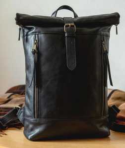 Sleek Genuine Leather Roll Top <b>Backpack</b> Slim Profile 14 Inch Laptop Rucksack For <b>Women</b> Men Fashion Travel LRTB-0114B - Product Image 1